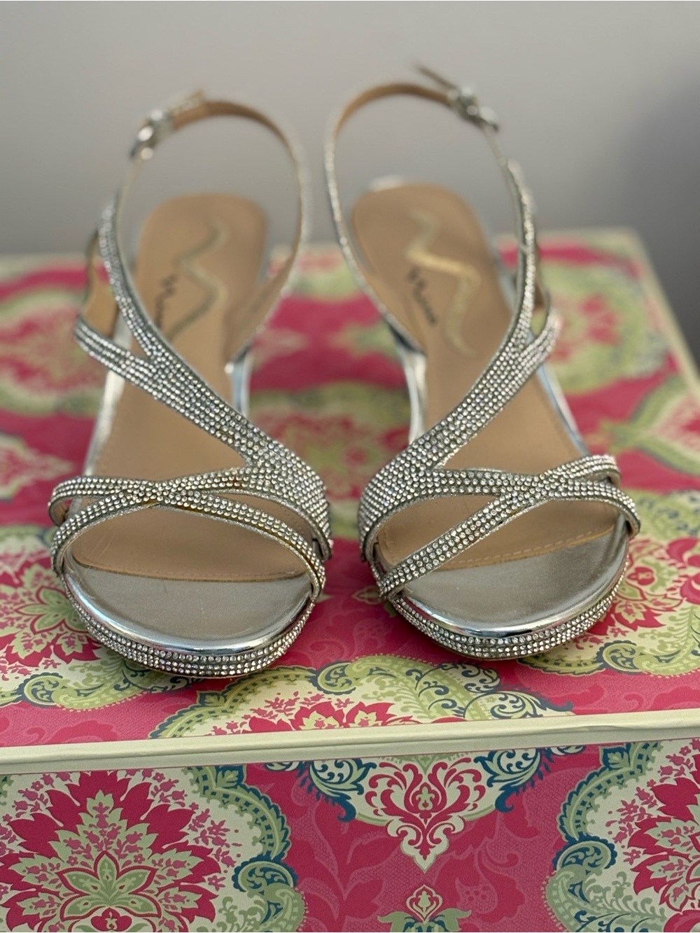Nina Silver Crystal Strappy Slingback Heels